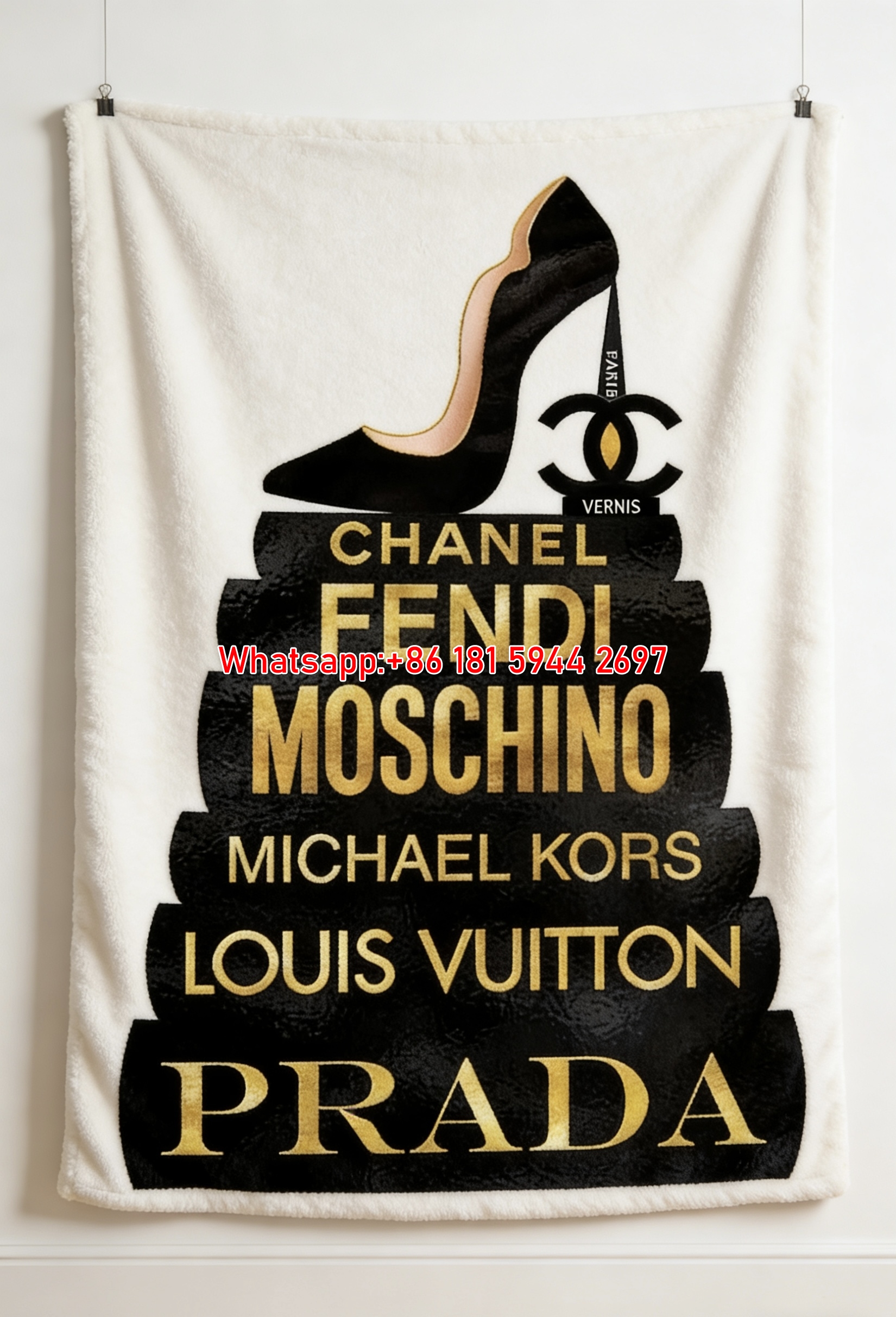 Prada Luxury Fashion High Heels Books Black Gold Print Fleece Sofa Throw Blanket IMG_2699